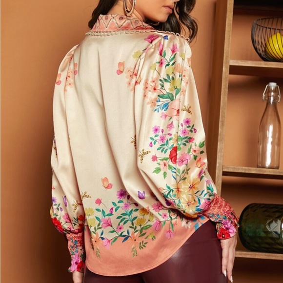 Boho Floral Print Long Sleeve Satin Button Down Shirt Top Blouse - Picture 2 of 4